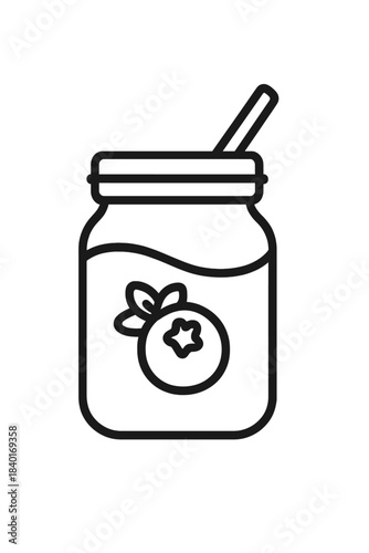 Jar of blueberry jam or fruit preserves with a spoon in minimalist line art style
