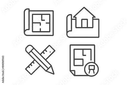 Architectural planning and design icons set including blueprints, floor plans, house outline, and drafting tools