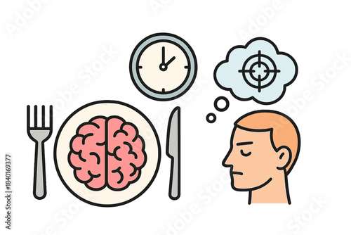 Brain served on a plate with cutlery, clock, and a person focused on achieving a goal