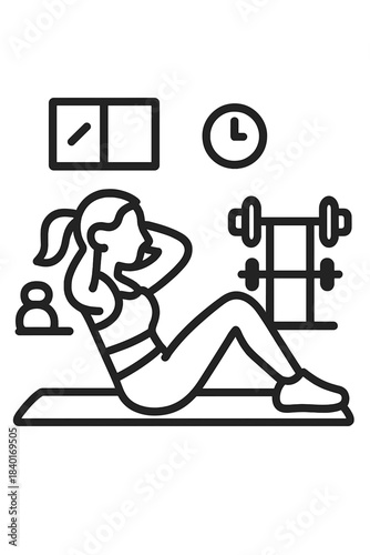 Active woman performing abdominal crunches on a yoga mat in a gym setting