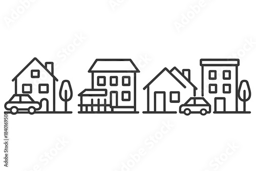 Minimalist black and white outline of suburban street with homes and vehicles