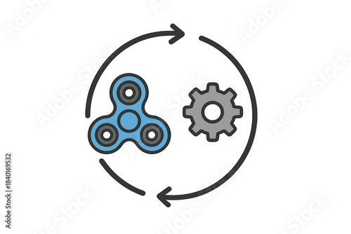 Fidget spinner and mechanical gear rotating in a continuous circular process cycle
