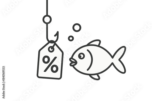 Small fish approaching a fishing hook baited with a percentage discount price tag