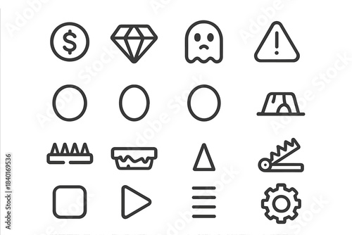 Minimalist outline icons set with currency, diamond, ghost, warning, and game symbols