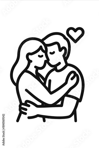 Loving couple embracing tightly with a heart symbol in minimalist black and white style