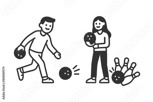 Two smiling people playing bowling, one throws the ball and knocks down the pins