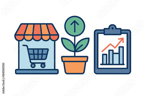 E-commerce business growth represented by a shop, growing plant, and financial analysis chart