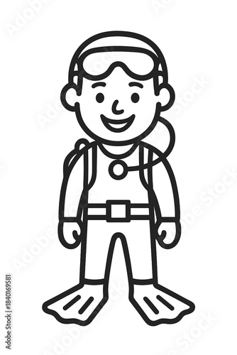 Happy scuba diver wearing full gear including mask, fins, and oxygen tank