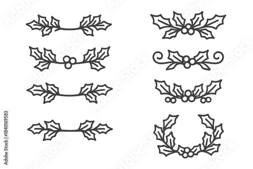 Set of festive winter holiday holly berry dividers and decorative borders in line art style