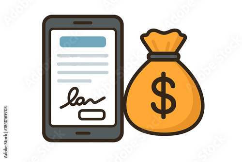 Digital contract signing on a smartphone next to a money bag symbolizing mobile financial transactions