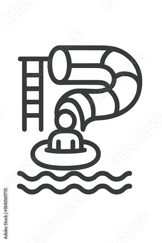 Summer recreation activity showing a person sliding down a winding water park tube into a swimming pool