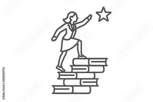 Female professional climbing stairs made of books toward a star representing success