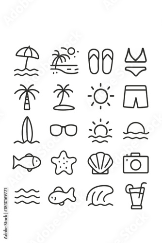 Minimalist outline icons for tropical summer vacation and seaside leisure