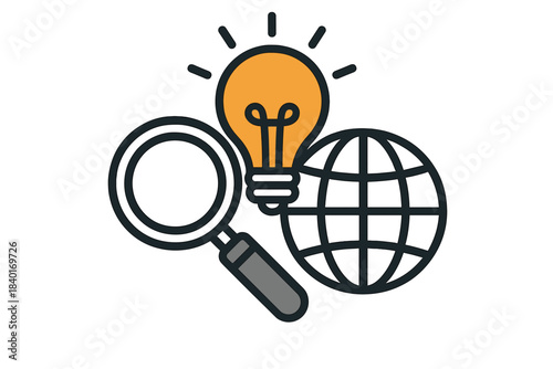 Light bulb, magnifying glass, and world globe symbolizing global search and innovation