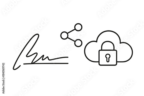 Digital signature, data sharing network, and secure cloud storage technology symbols