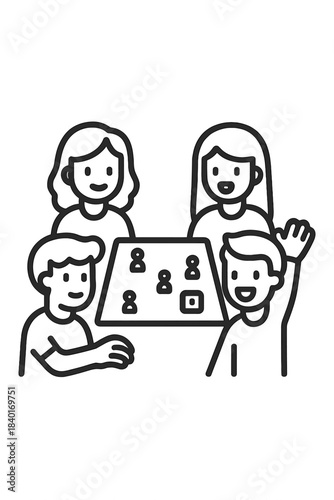 Happy family and friends playing a board game together at home during leisure time