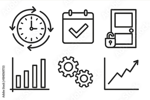 Set of business management symbols covering time, schedule, security, data analysis, process, and growth