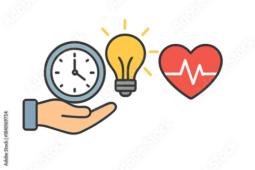 Hand holding a clock next to a glowing lightbulb and a heart with a pulse line