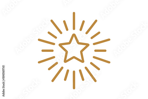 Brightly shining golden outline star symbol with radiating lines on a clean white background