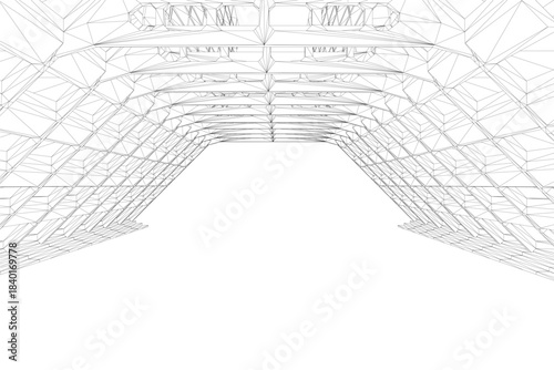 A brutalist building interior wireframe drawing with a triangular roof, part of a printable architecture coloring page.