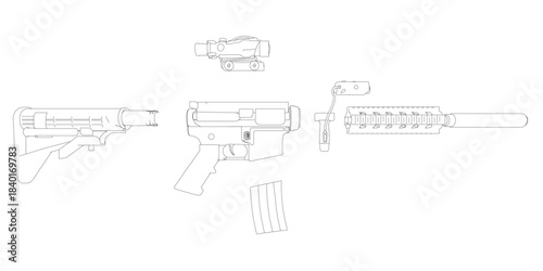Rifle drawing with parts, including the stock, barrel, and trigger assembly. The automatic weapon set is disassembled in black contour lines on a white background.