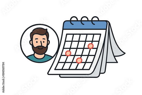 Bearded man profile icon beside a desk calendar marked with scheduled dates and appointments