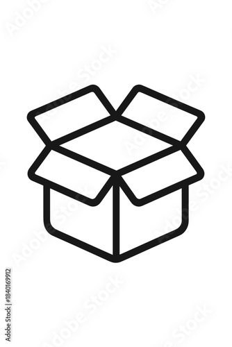 Minimalist outline of an open cardboard box used for shipping and delivery