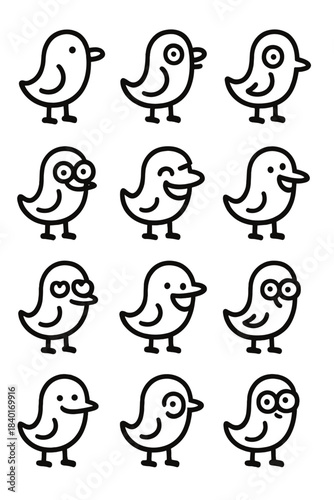 Twelve adorable outline cartoon birds displaying happy and surprised emotions