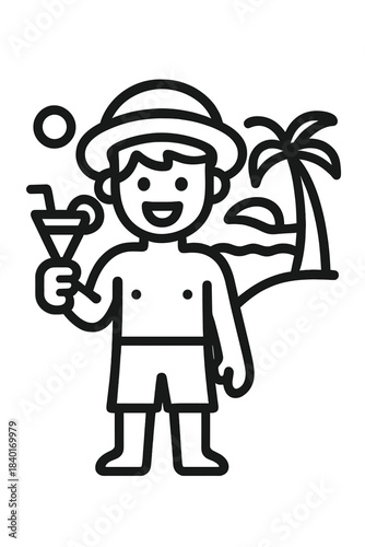 Smiling vacationer on a tropical beach holding a cocktail glass near a palm tree and ocean