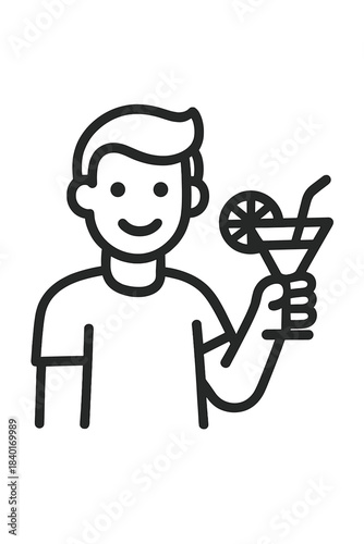 Minimalist line art icon of a smiling person holding a refreshing cocktail drink