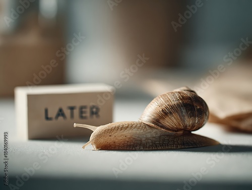 A snail moves slowly on a desk surface with a block behind it showing the word “LATER”. The image illustrates slow progress and postponed tasks