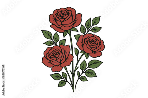 Three red roses bouquet with green leaves in traditional tattoo style on white background