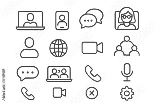Line icons set for video conferencing, online meetings, and digital communication interfaces