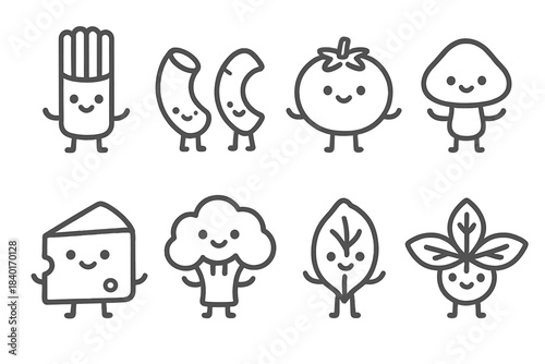 Adorable line art characters representing various food ingredients with smiling faces and tiny legs