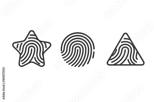 Biometric security identification symbols with fingerprint patterns inside geometric shapes