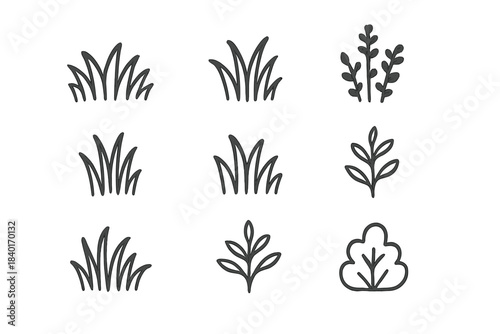 Simple hand drawn set of nature icons featuring grass tufts leaves and small shrub
