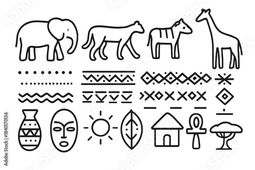 Minimalist outline icons featuring African wildlife tribal symbols and ethnic decorative patterns