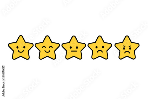 Five yellow rating stars showing different emotions from happy to angry for customer feedback scale