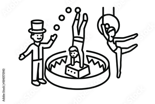 Three circus performers juggling, doing handstands, and aerial hoop acrobatics