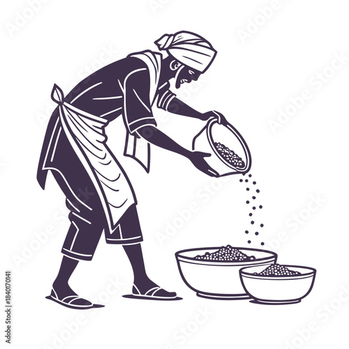 Farmer pouring grains into a container in a rural area during daylight hours