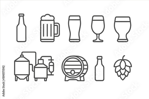 Collection of line art depicting the beer brewing process, production machinery, and various drinking vessels