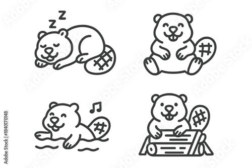 Adorable beaver animals engaged in various activities: sleeping, swimming, and building a dam