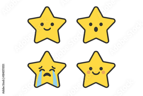 Collection of four cute yellow star characters expressing various emotions and moods on a white background
