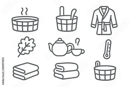 Collection of outline icons representing sauna, steam bath, spa, and wellness accessories