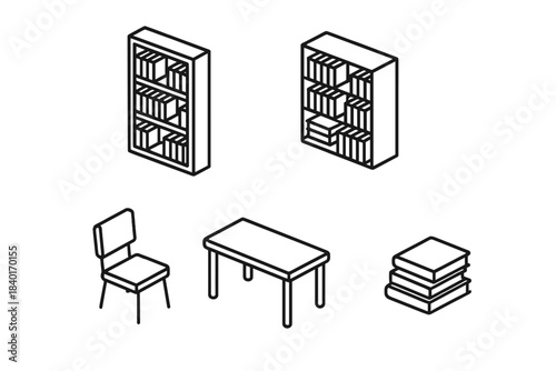 Isometric line icons of study and furniture including bookshelves desk and chair