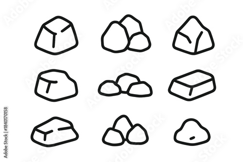 Various natural stones, pebbles, mineral nuggets, and precious metal bars in minimalist outline style
