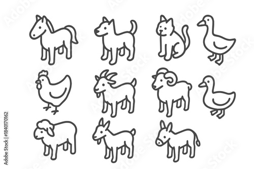 Set of simple outline icons featuring domestic and farm animals like horse, goat, sheep, and chicken