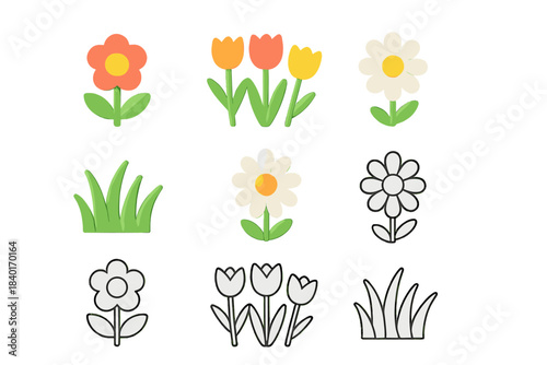 Colorful spring flowers and grass elements in cute 3D and outline design