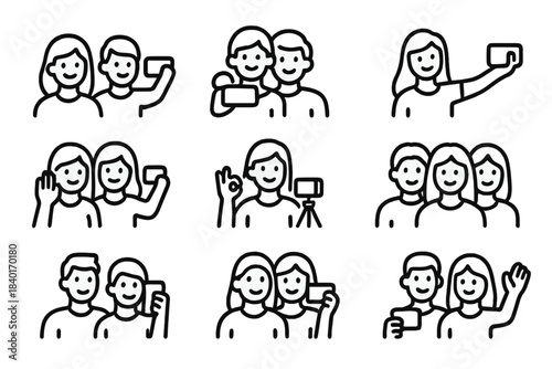 Friends and individuals taking selfies and recording video content with mobile devices