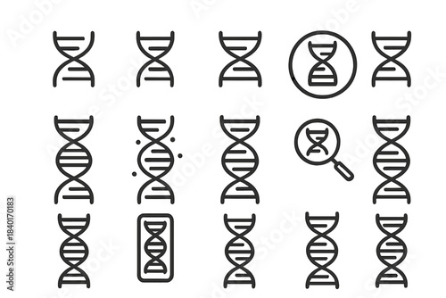 DNA helix structure linear icons for genetics, biotechnology, and scientific research concepts